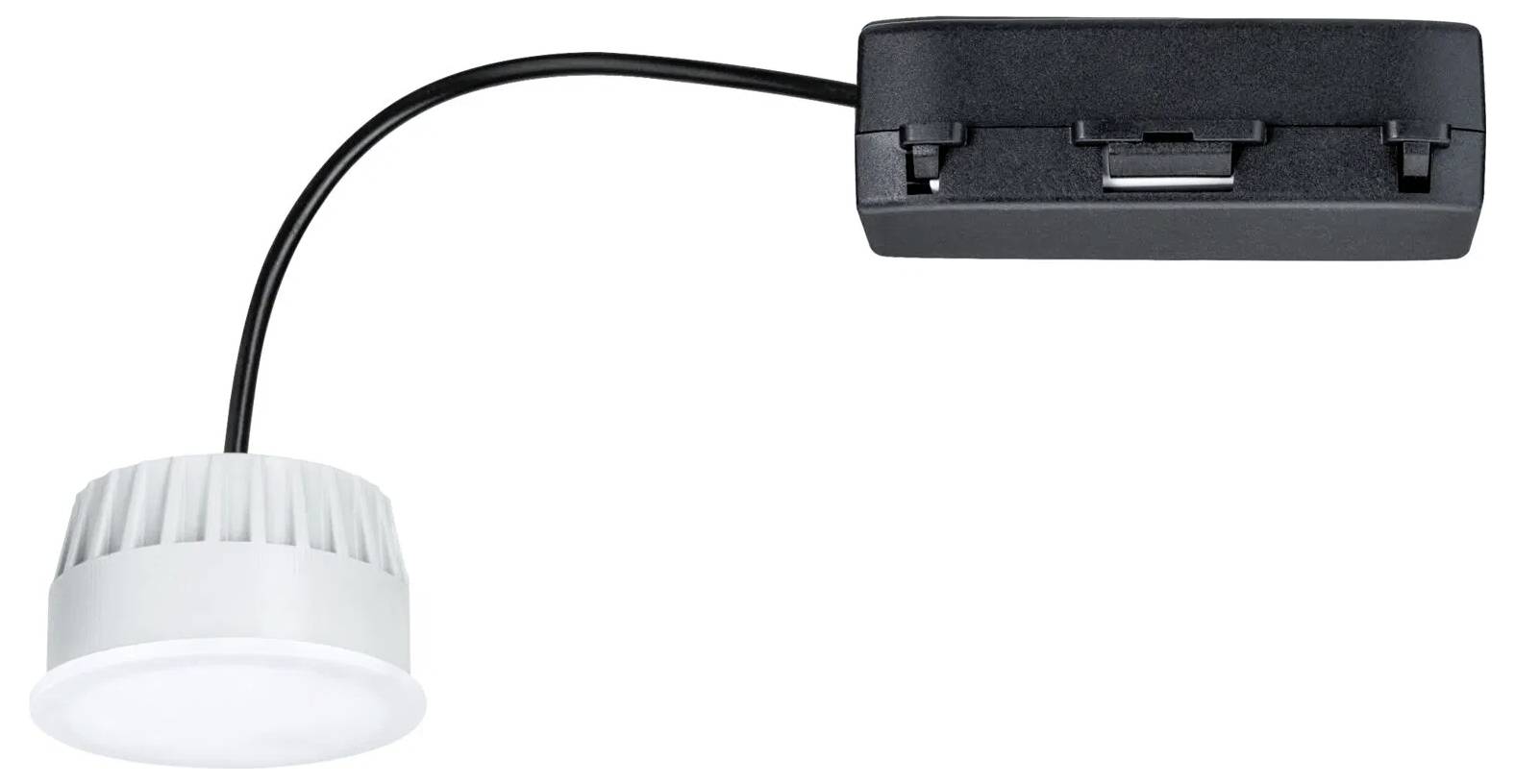 Een strak, modern LED-downlight met een compacte vormgeving, uitgerust met een zwarte rechthoekige driver die verbonden is met een witte, cilindrische lichtarmatuur.