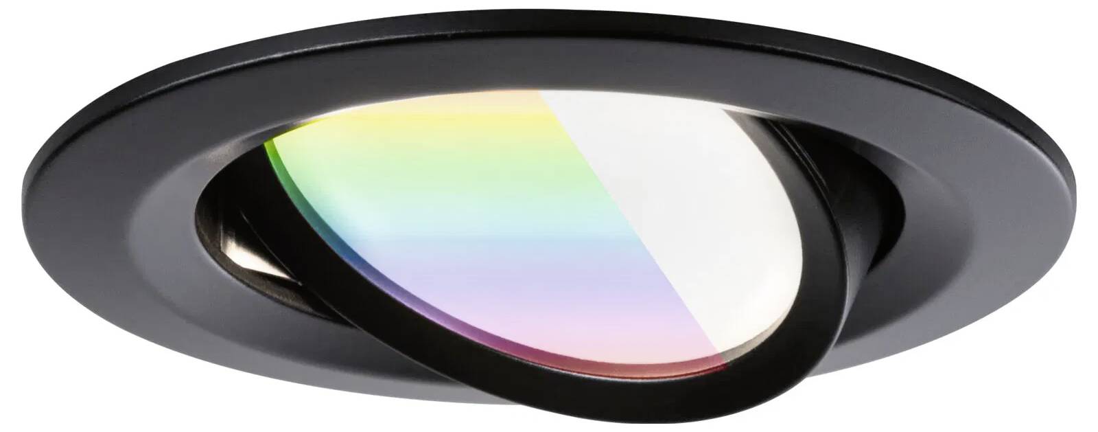 Een zwarte inbouw lichtarmatuur met een dubbele regenboog-effect optische lens, ontworpen voor moderne interieurverlichting en kleureffecten.