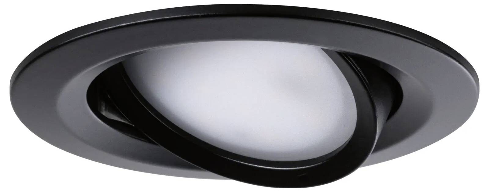 Een zwarte, verstelbare inbouw-lichtarmatuur met een witte lichtdiffuser, ontworpen voor directionele verlichting in plafonds.