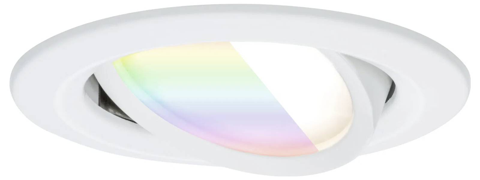 Inbouw plafondlamp met een wit frame en een meerkleurige, lichtgevende lens in een cirkelvormig ontwerp.