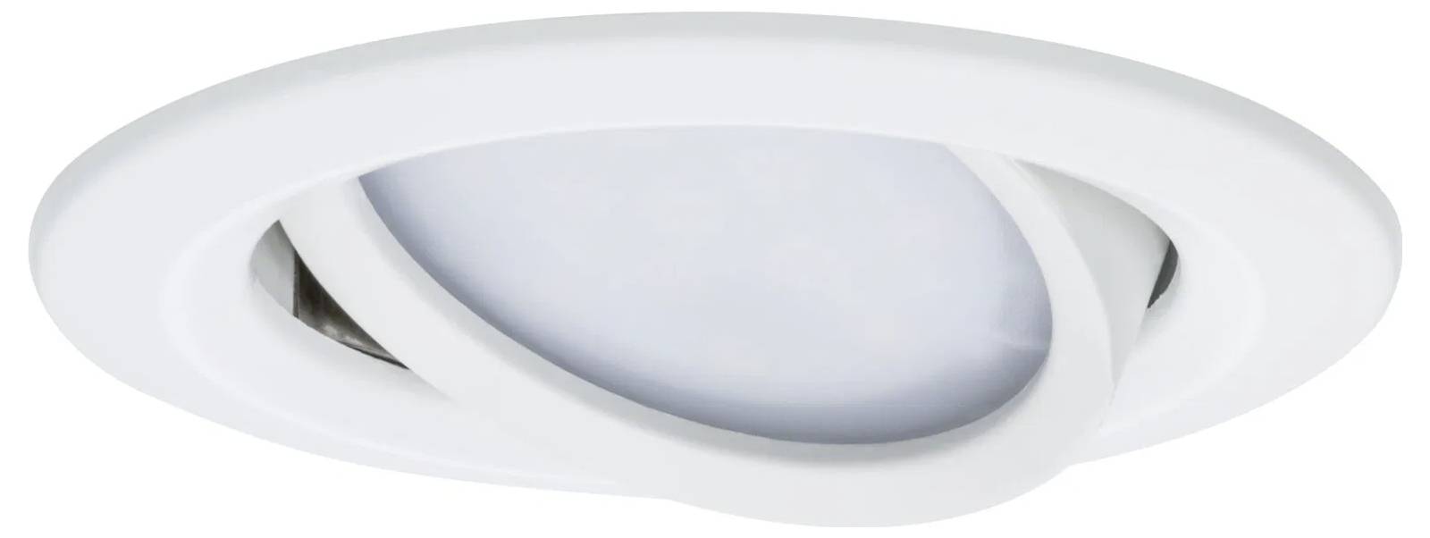 Een witte, verstelbare LED inbouw plafondlamp met een circulair ontwerp, bestemd voor binnenverlichting, uitgerust met een kantelbare binnenring.