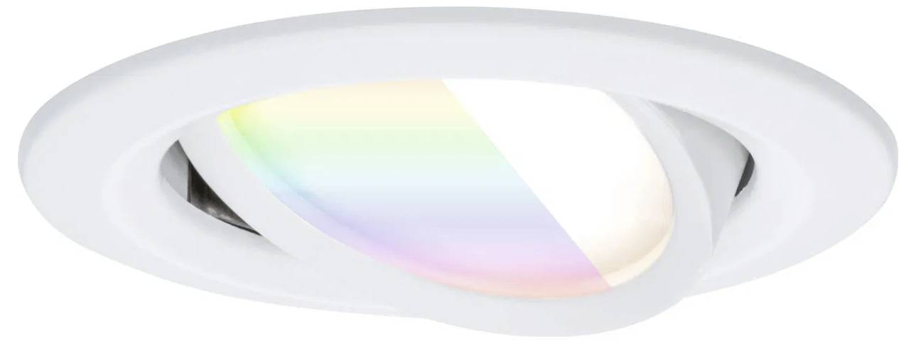 Een wit inbouw plafondlichtarmatuur met een gladde rand en regenboog-gekleurde verlichting.