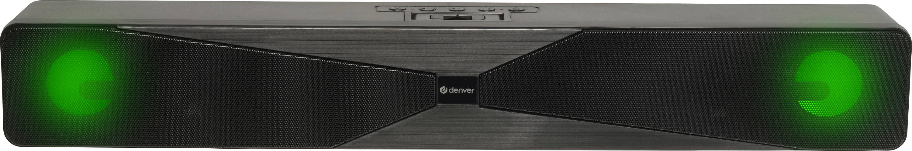 Een strakke zwarte soundbar met twee zichtbare groene lampjes aan elke kant, die de voedings- of verbindingsstatus aangeven.