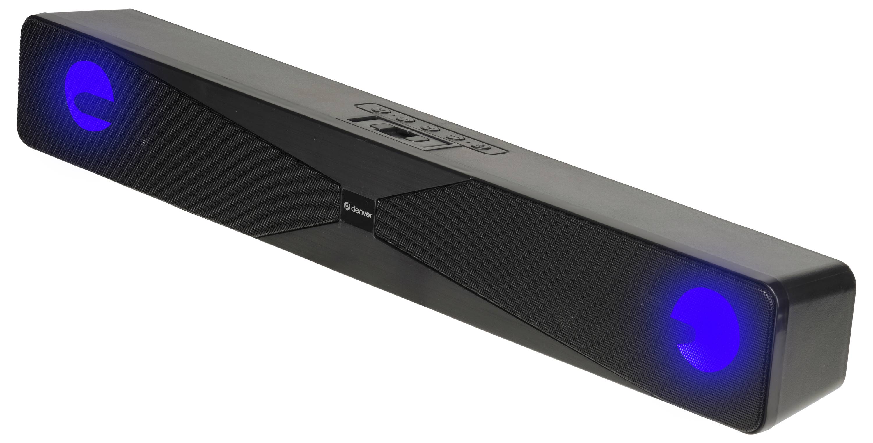 Een zwarte soundbar met blauwe ronde verlichting aan beide uiteinden, voorzien van het merk 'FSL' bovenop, gebruikt voor audioverbeteringen.