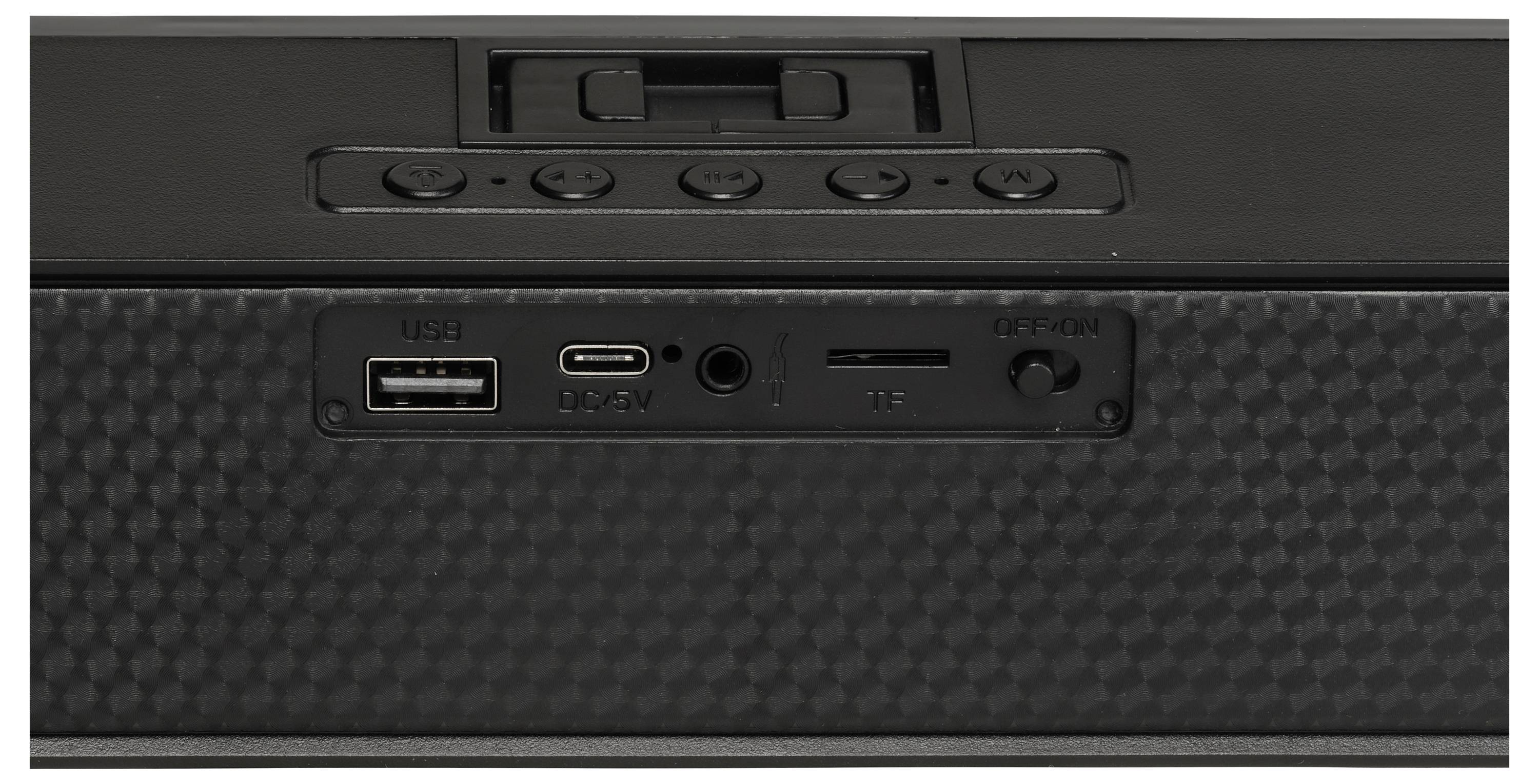 Een close-up van een zwart elektronisch apparatenpaneel met USB-poort, audio-ingang en SD-kaartgleuf, met bedieningsknoppen en volumeschuif erboven.