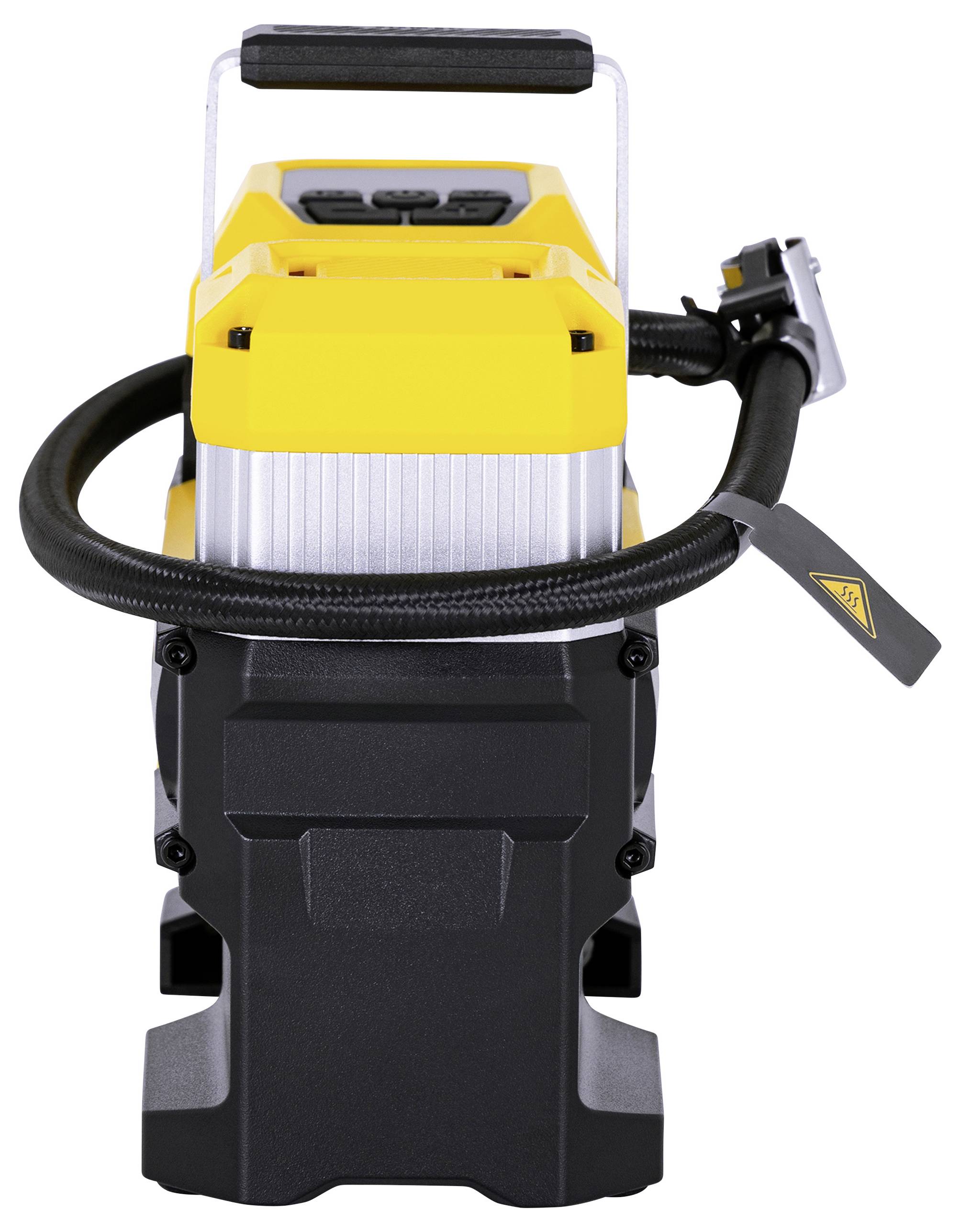 Een draagbare elektrische luchtcompressor met een zwarte slang, gele behuizing en handgreep, ontworpen voor het oppompen van banden en andere toepassingen.