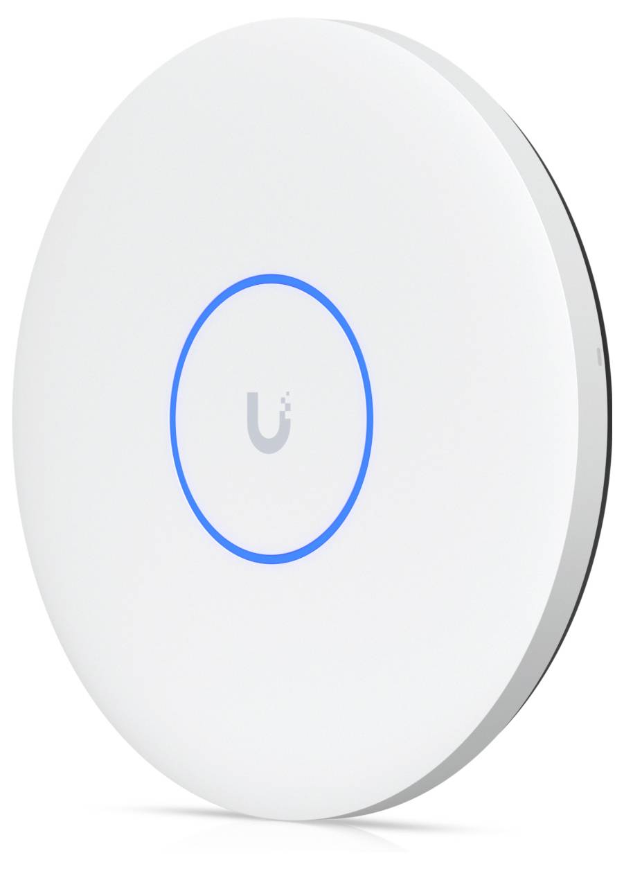 Een ronde witte draadloze toegangspunt met een blauwe LED-ring en een klein 'U' logo in het midden, ontworpen voor verbeterde internetconnectiviteit.