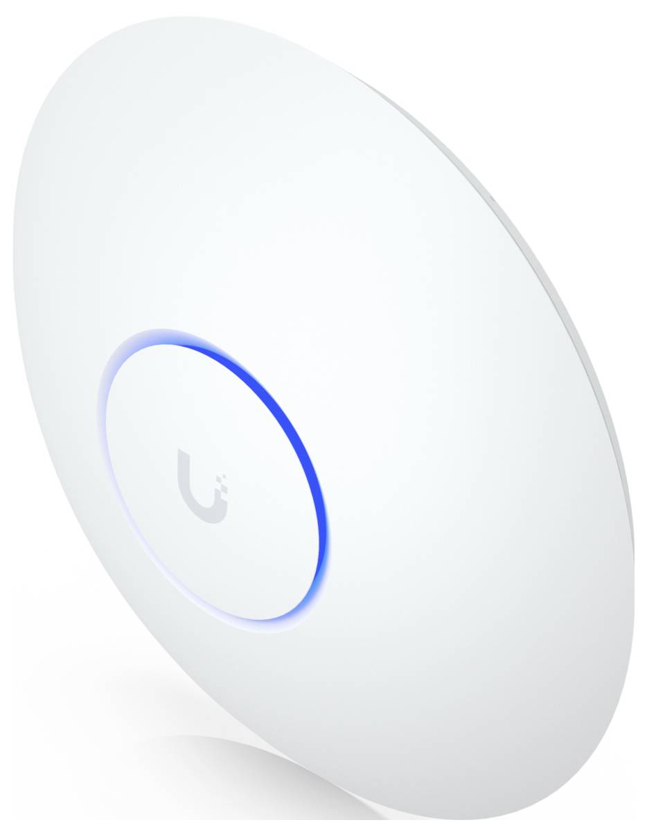 Een strak, rond draadloos toegangspunt met een oplichtende blauwe ring, ontworpen voor montage aan plafonds of muren om de Wi-Fi-dekking uit te breiden.
