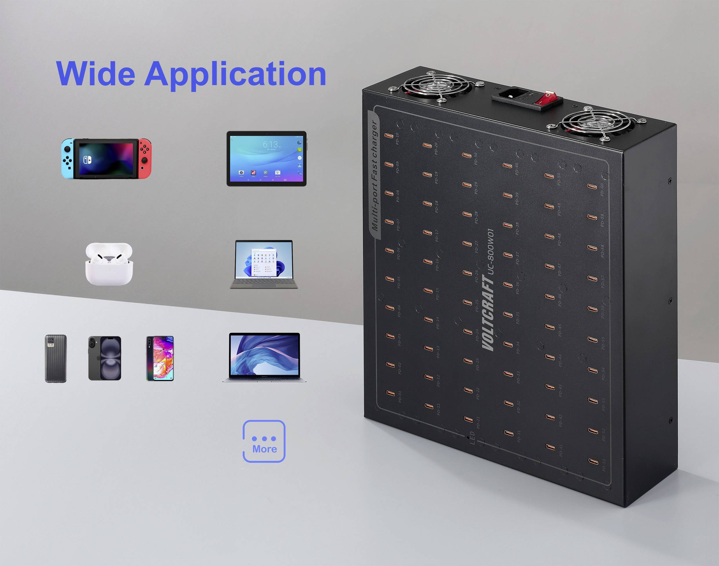 Een laadstation met meerdere aansluitingen wordt tentoongesteld naast diverse apparaten, zoals tablets en smartphones. Tekst leest 'Brede Toepassing.'