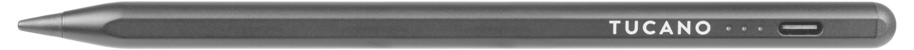 Een grijze stylus met de merknaam 'Tucano' aan de zijkant gedrukt, met een strak, gestroomlijnd ontwerp.