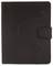 Een zwarte leren hoes met een magnetische sluiting en een geëmbosseerd logo, geschikt voor het vasthouden van een tablet of e-reader.