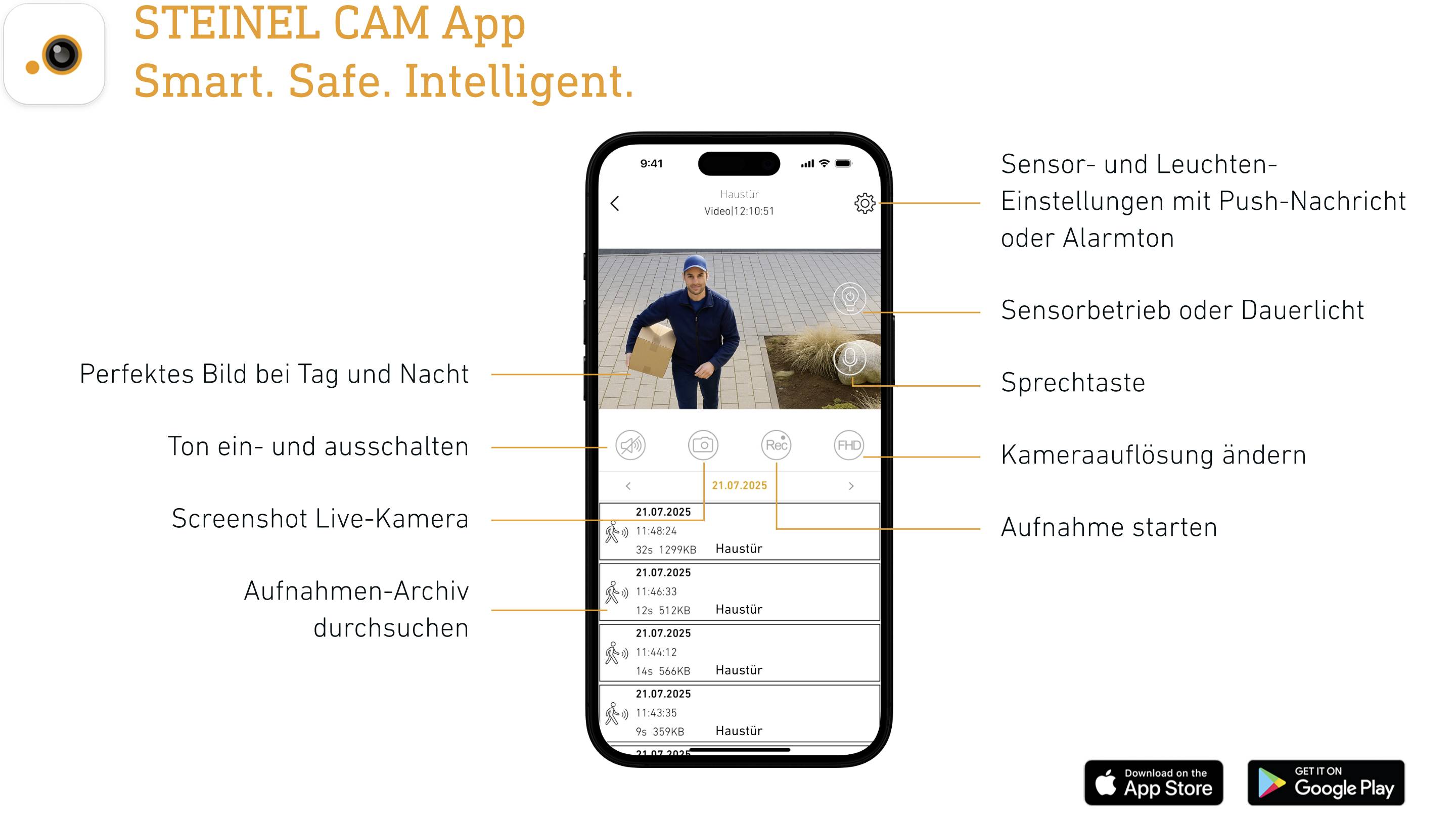 'STEINEL CAM App' weergegeven op een smartphone. Functies omvatten sensorinstellingen, nachtzicht, live camera en meldingsopties.
