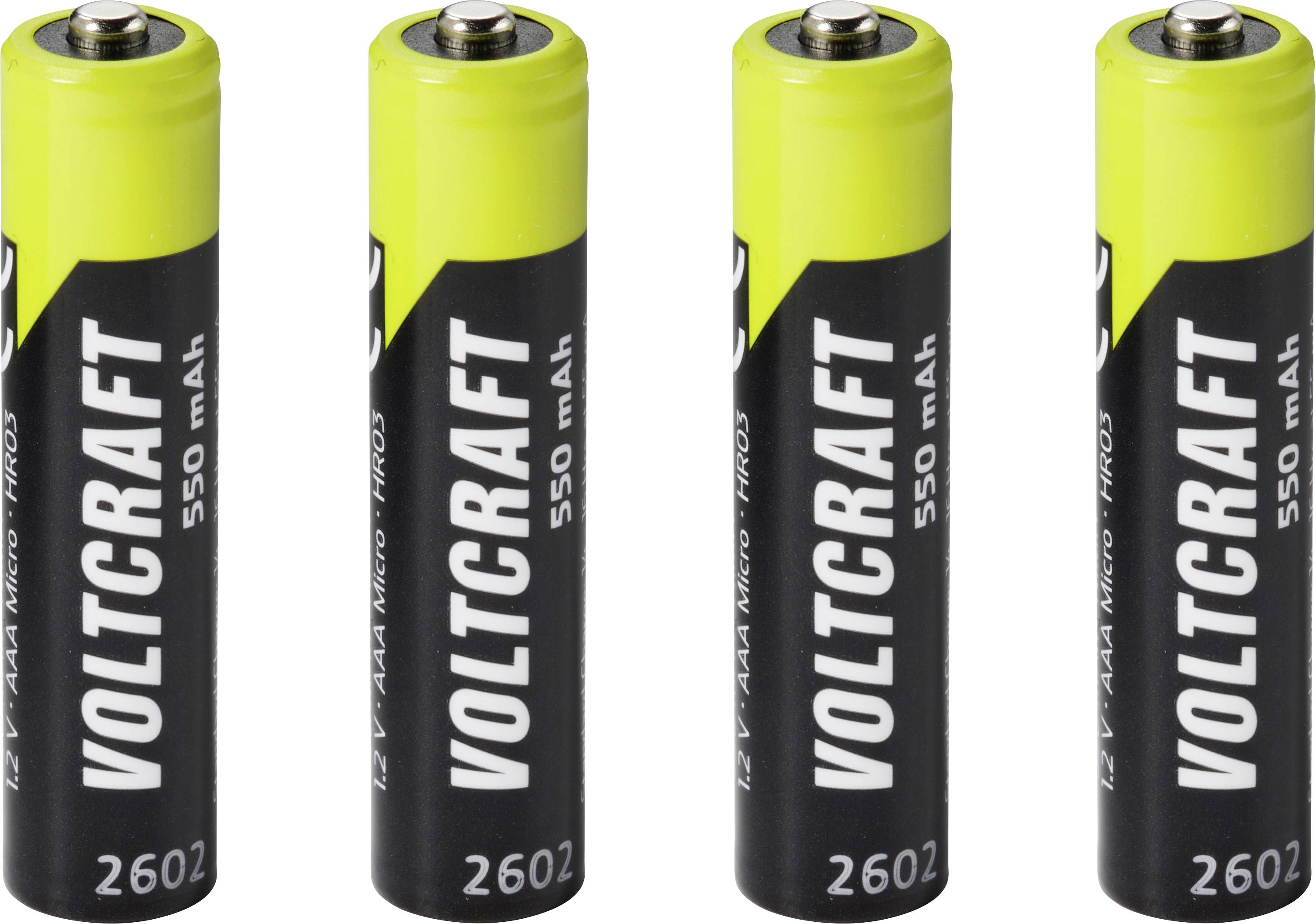 Vier AA Voltcraft oplaadbare batterijen rechtop staand op een witte achtergrond, gelabeld 550 mAh en 2602.