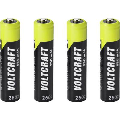 Vier AA Voltcraft oplaadbare batterijen rechtop staand op een witte achtergrond, gelabeld 550 mAh en 2602.