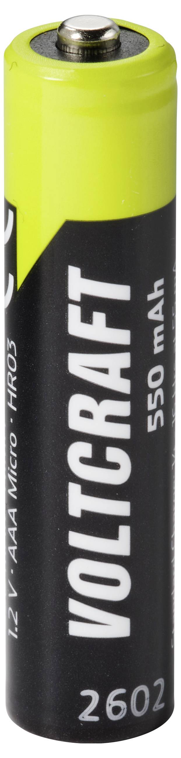 Enkele Voltcraft AAA Ni-MH oplaadbare batterij, 1,2 V, 550 mAh, met zwart en limoengroen etiket.