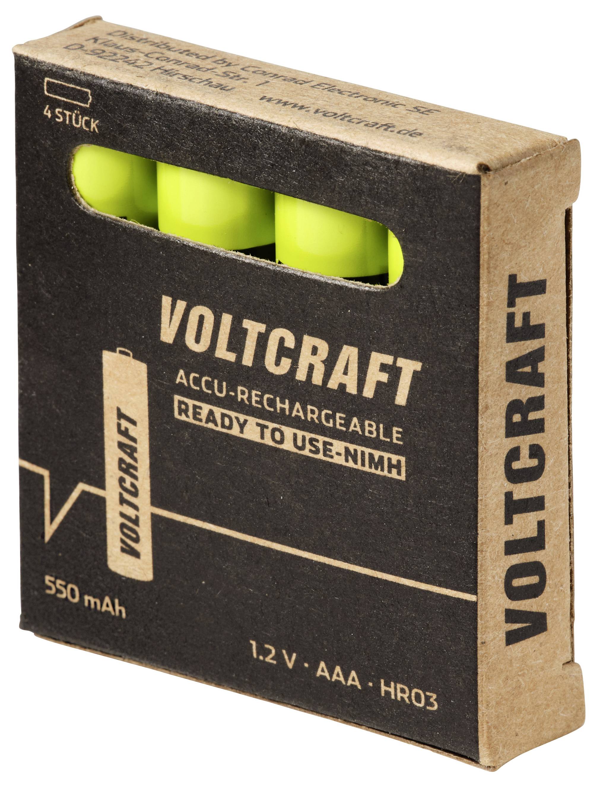 Pakket van vier VOLTCRAFT oplaadbare AAA-batterijen, 1,2 V, 550 mAh, met één groene batterij zichtbaar door het raam.