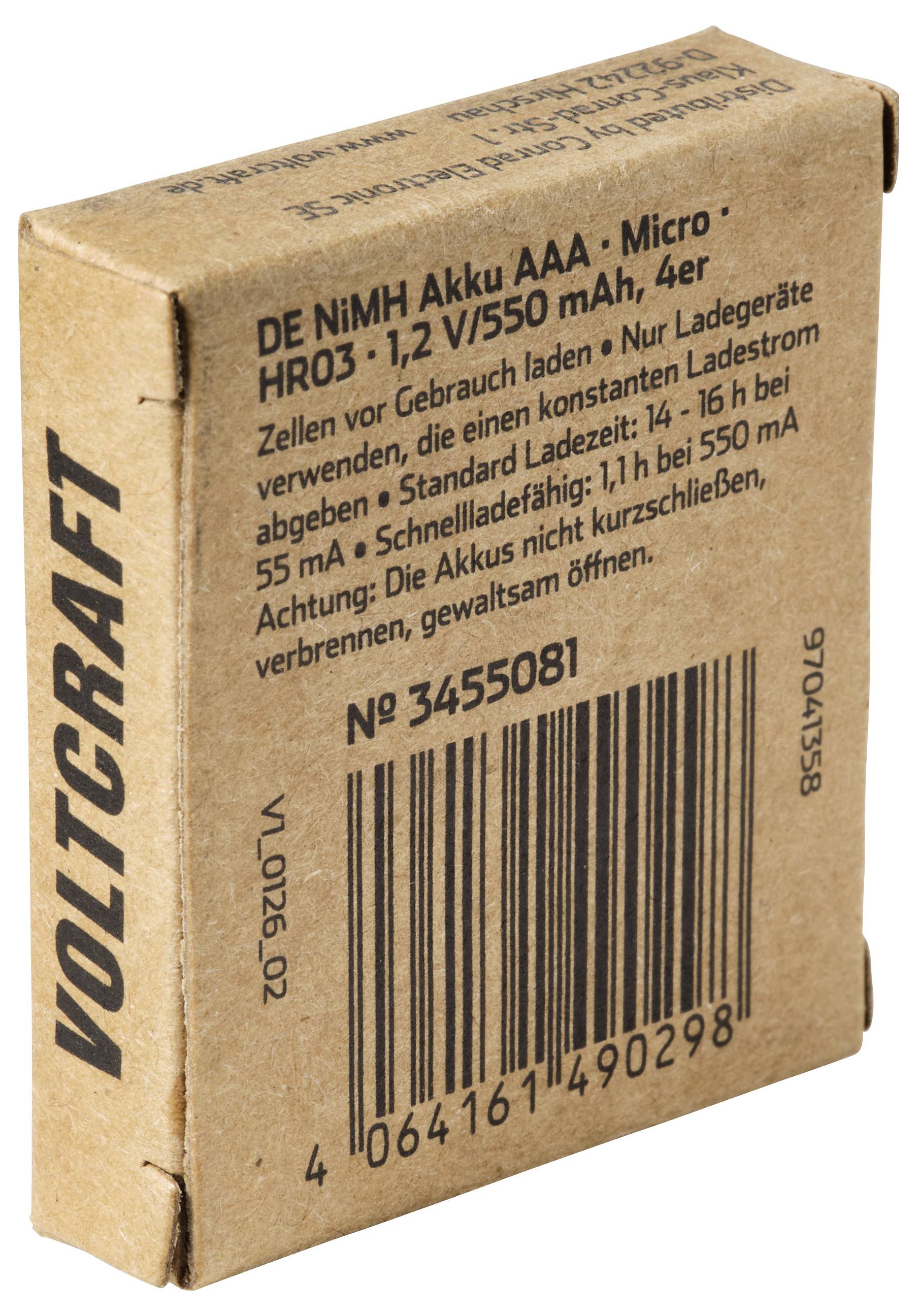 Kartonnen VARTA-batterijdoos met het etiket 'DE NIMH Akku AAA Micro' met capaciteitgegevens en een streepjescode op de voorkant.