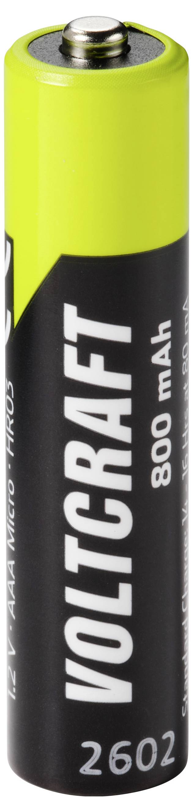 Detailfoto van een geel en zwart VOLTCRAFT 800 mAh oplaadbare batterij rechtop staand.