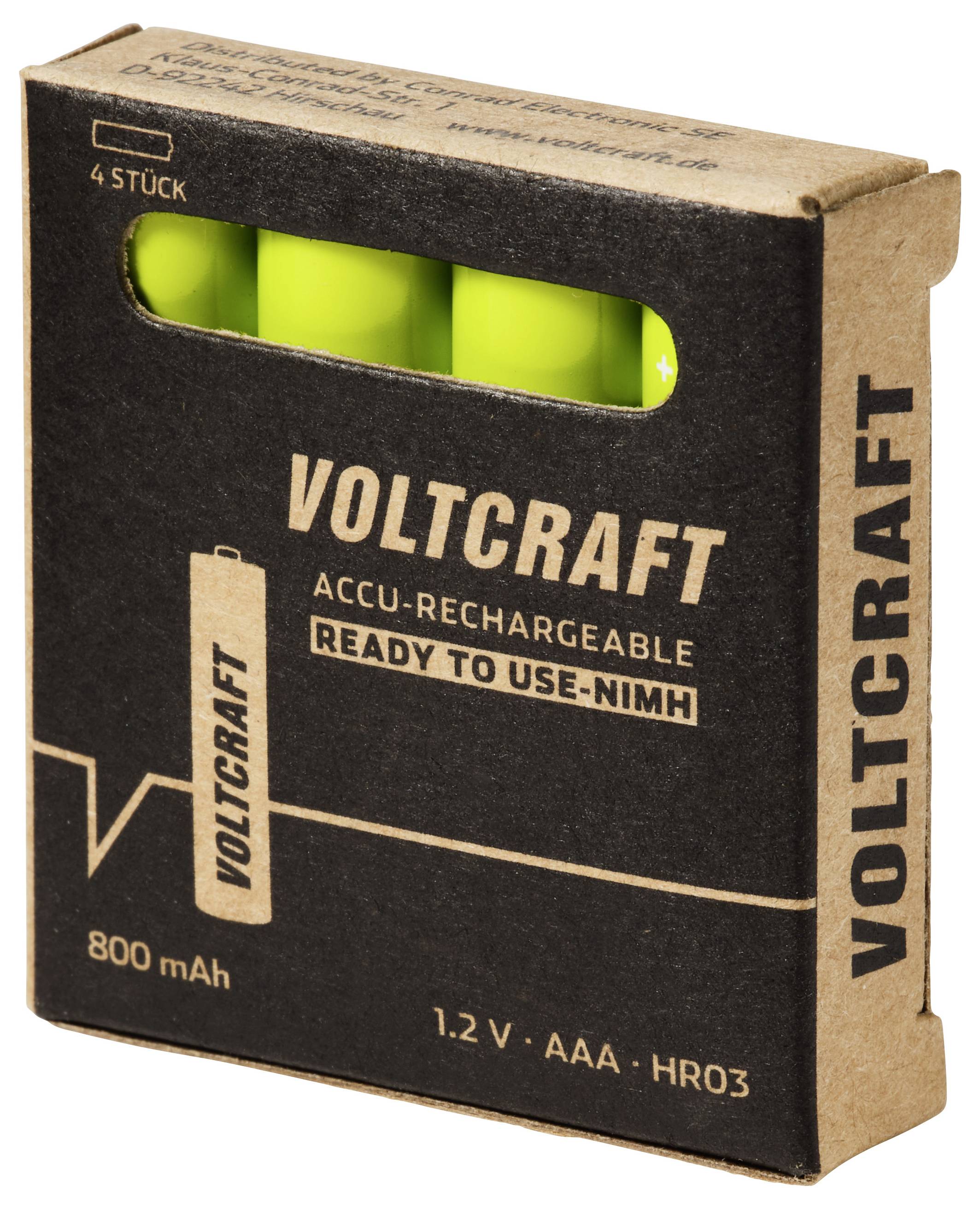 Pakket van vier VOLTCRAFT oplaadbare NiMH AAA-batterijen, 800 mAh, 1,2 V, weergegeven in zwarte en bruine doos met groene batterijen zichtbaar door raam.