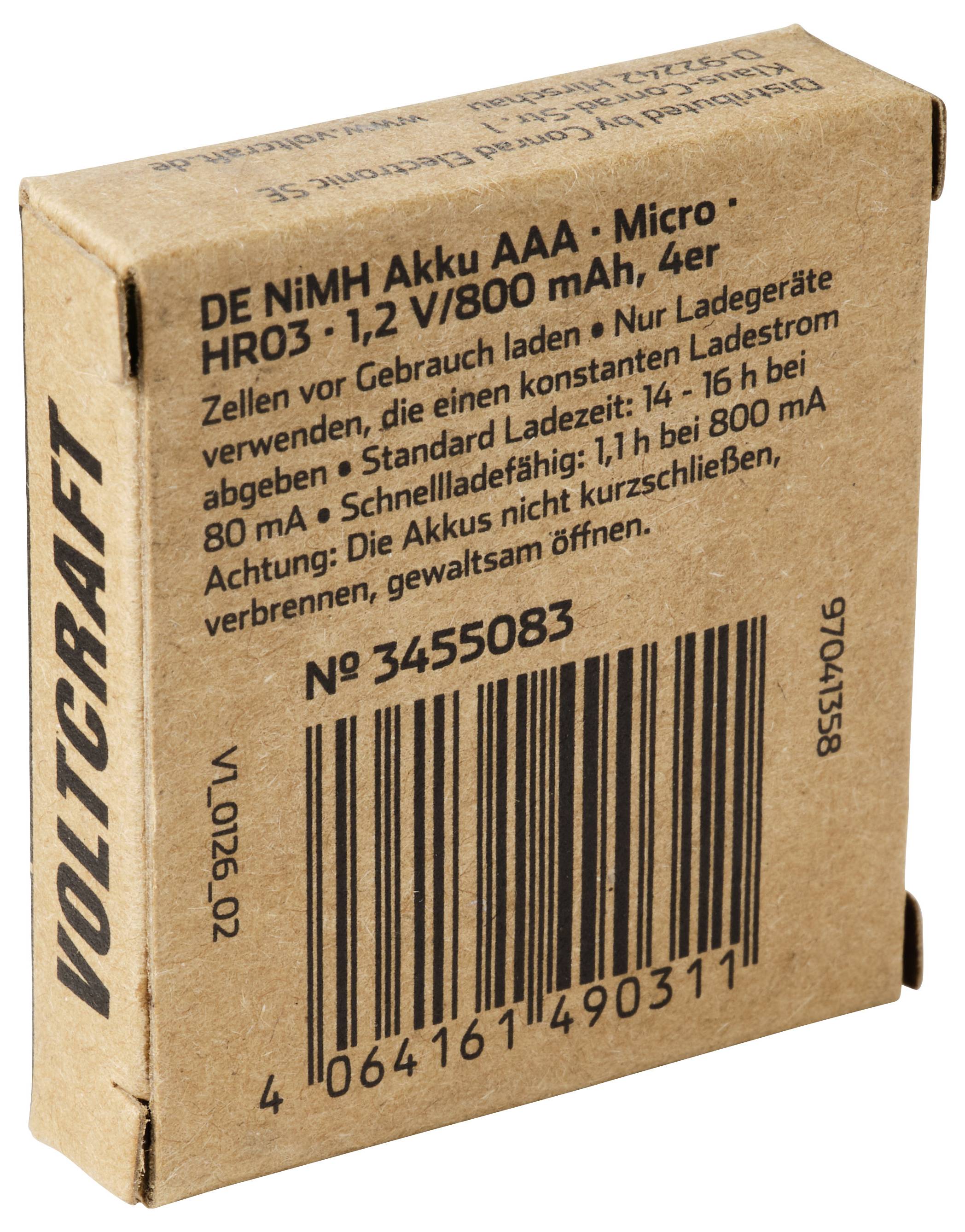 Kartonnen doos met Varta DE NiMH Akku AAA Micro oplaadbare batterijen, 4-pack, 800 mAh, met streepjescode en Duitse producttekst.