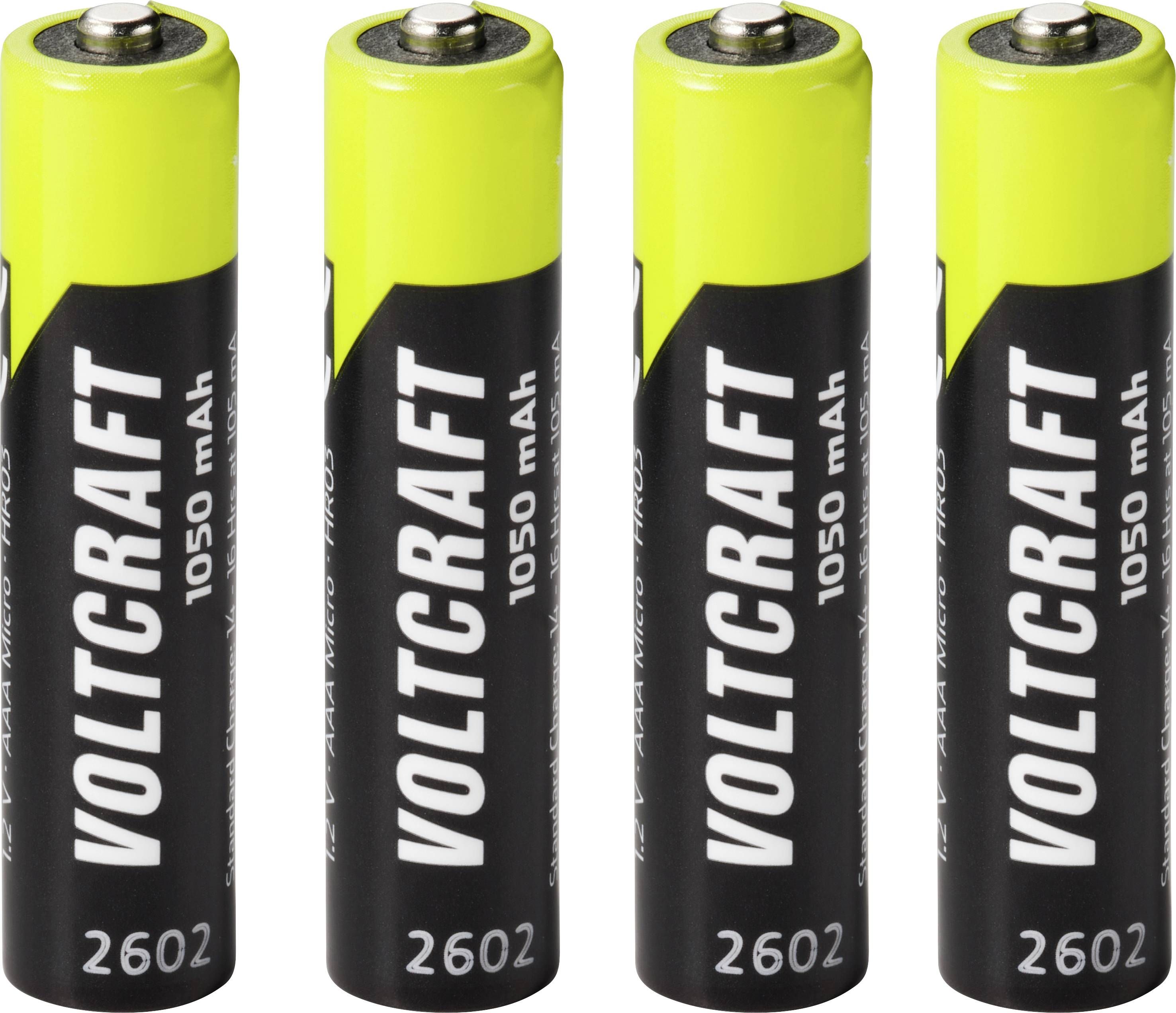 Vier Voltcraft AA-batterijen rechtop in een rij, gelabeld met '1050 mAh' en '2602'.