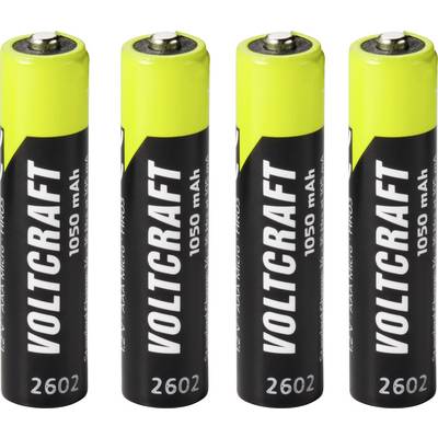 Vier Voltcraft AA-batterijen rechtop in een rij, gelabeld met '1050 mAh' en '2602'.
