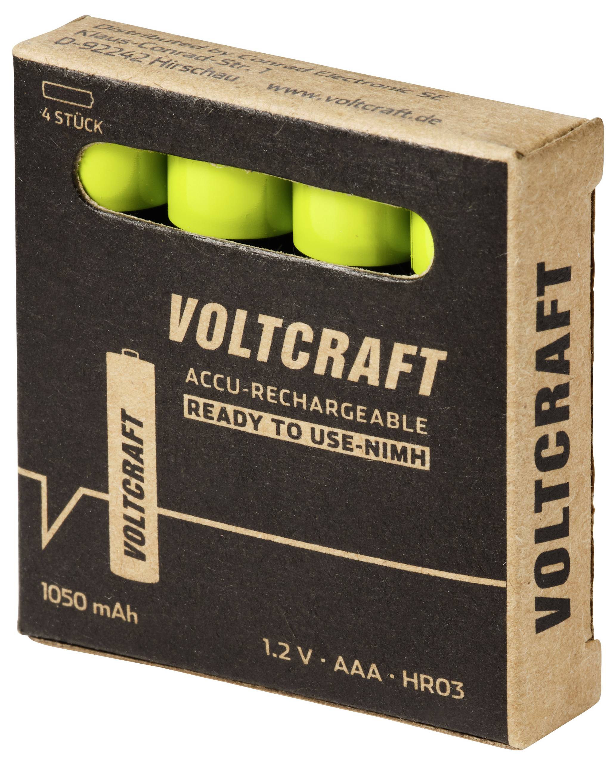 Voltcraft doos met 4 gebruiksklaar oplaadbare AAA-batterijen, 1,2V, 1050 mAh, met drie zichtbare groene batterijen door het venster.