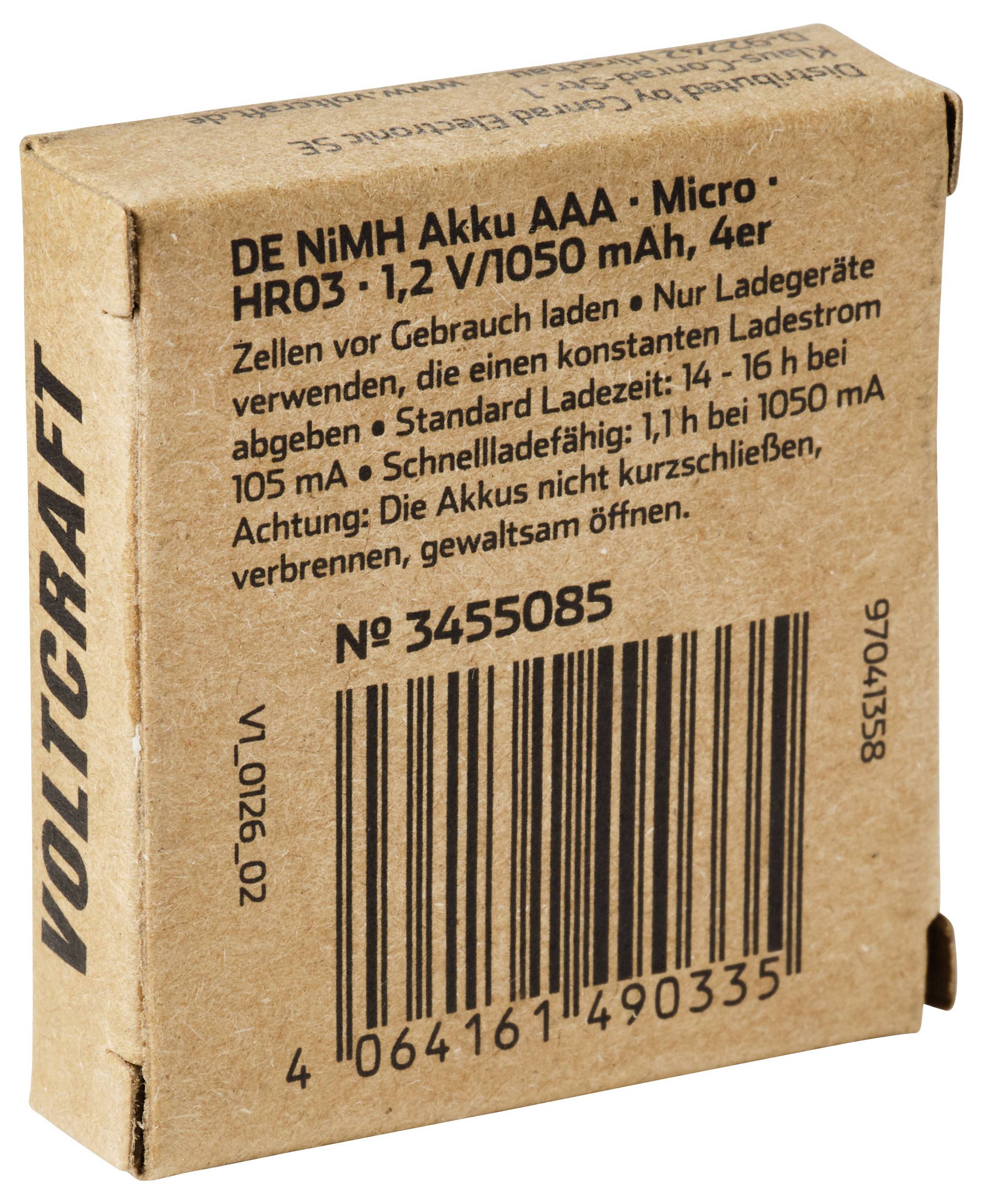 Kartonnen Voltcraft batterijdoos met label 'DE NiMH Akku AAA · Micro', 1.2V/1050 mAh, met streepjescode en waarschuwingstekst.
