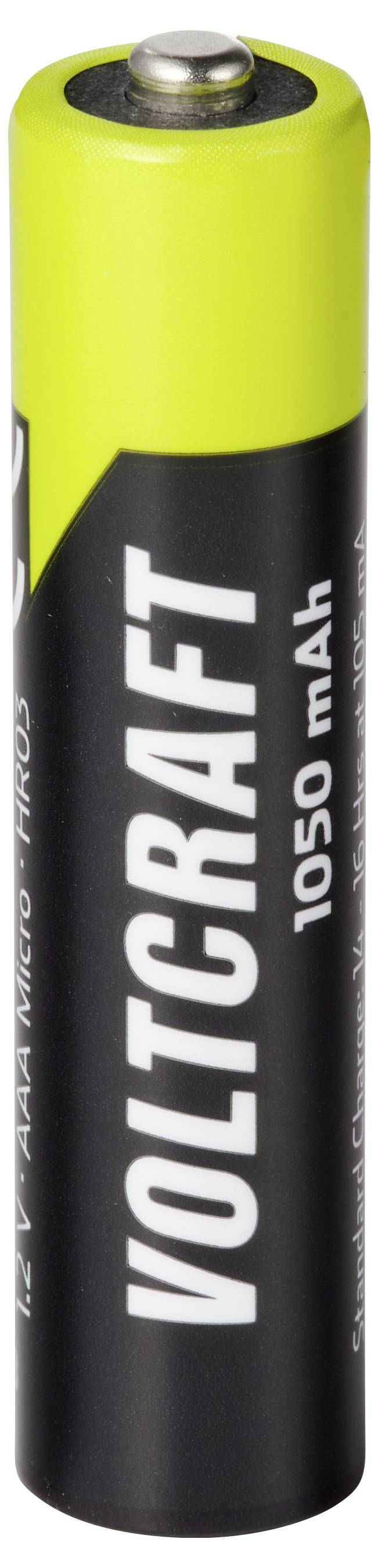 Enkele Voltcraft-batterij van 1050 mAh AA met zwart lichaam en gele bovenkant, rechtop afgebeeld op een witte achtergrond.