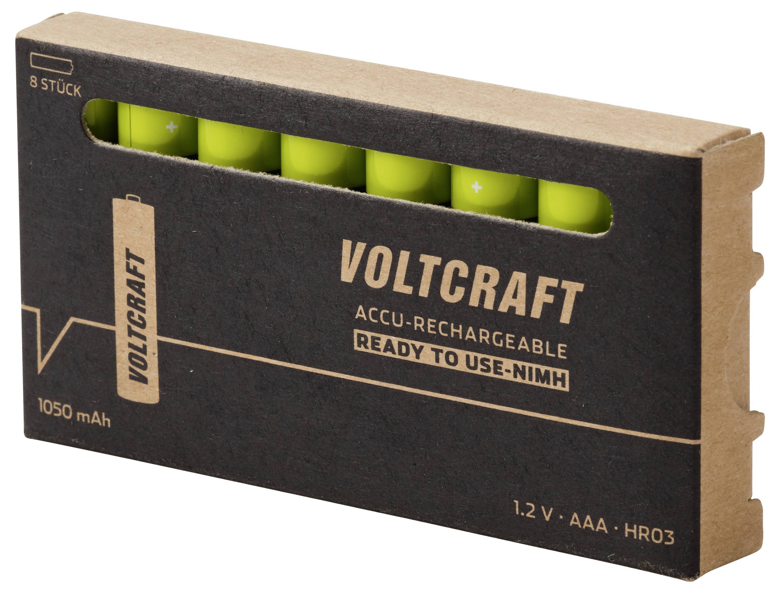VOLTCRAFT doos met 8 gebruiksklare oplaadbare AAA NiMH batterijen, 1,2 V, 1050 mAh, met zichtbare cellen door het uitspaarvenster.