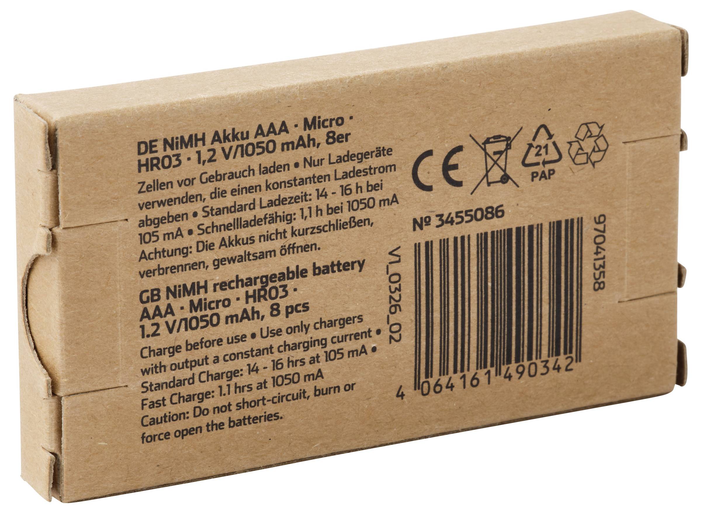 Kartonnen batterijverpakking gelabeld met 'AAA Micro' met '1.2 V/1050 mAh', streepjescode, veiligheidswaarschuwingen en recyclingssymbolen.