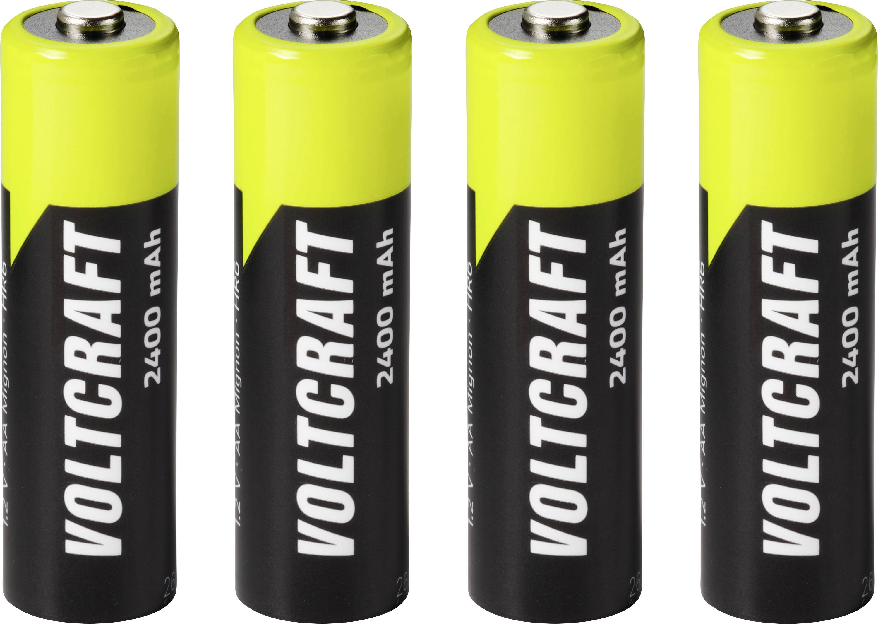Vier Voltcraft 2400 mAh AA oplaadbare batterijen rechtopstaand op een witte achtergrond.
