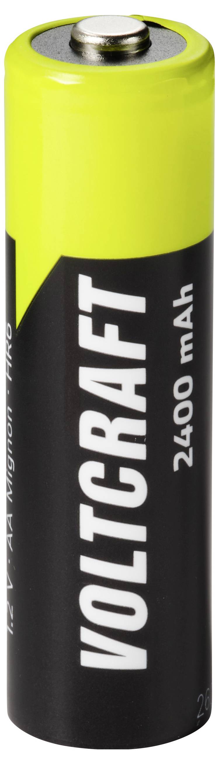 Een geel-en-zwarte VoltaCraft 2400 mAh batterij rechtop weergegeven op een witte achtergrond.
