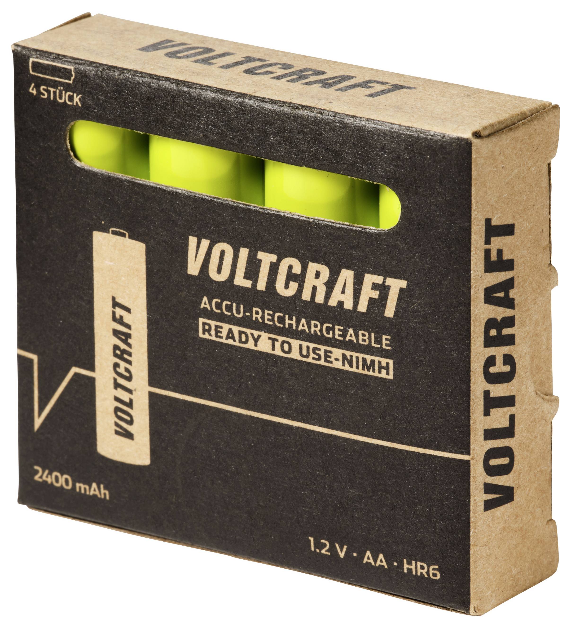 Voltcraft oplaadbare AA NiMH-batterijen in een 4-pack doos, gelabeld 2400 mAh en 1,2 V AA HR6.