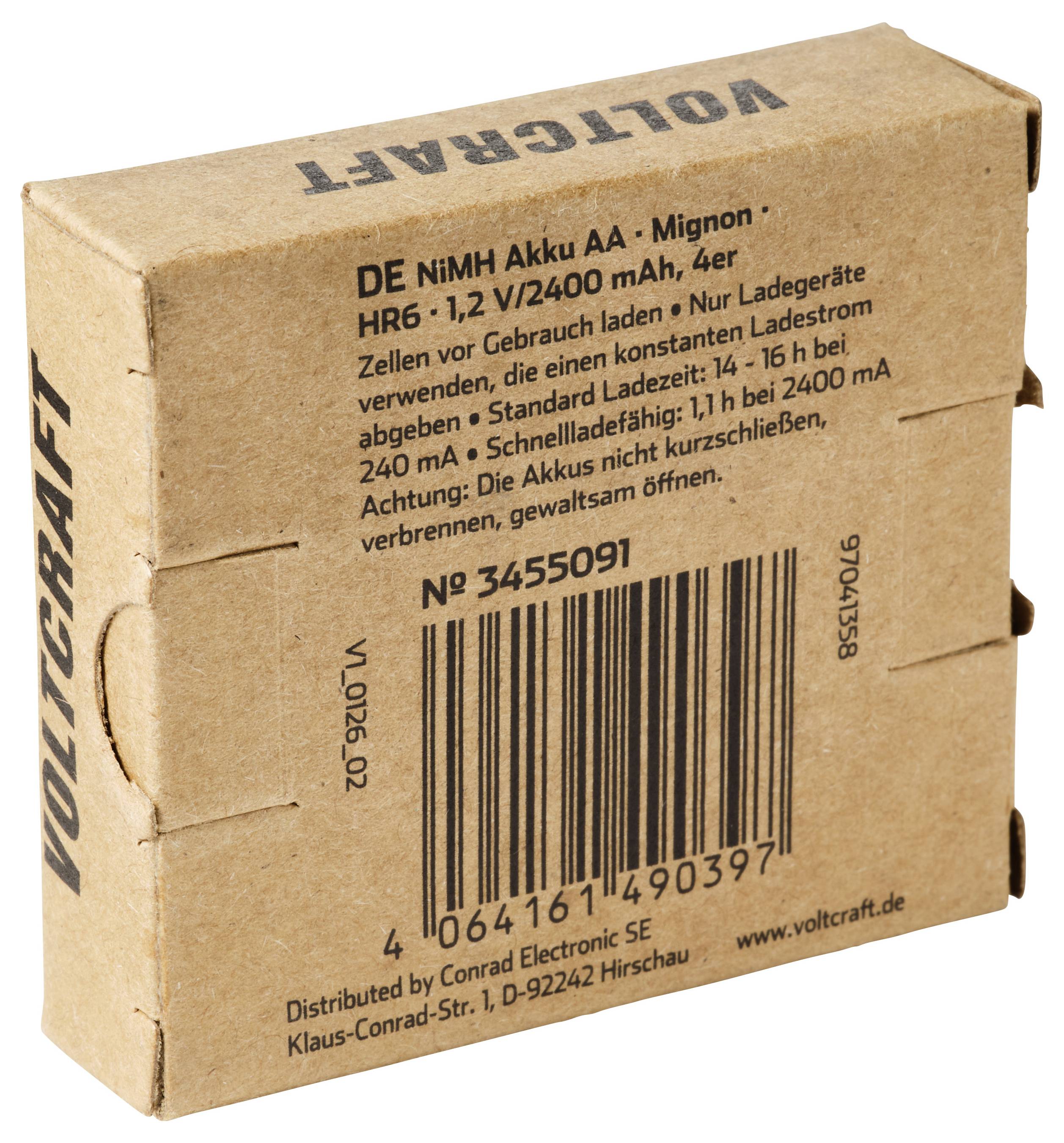 Doos met VOLTCRAFT oplaadbare AA-batterijen, gelabeld voor 4 NiMH 1,2V 2400 mAh cellen met streepjescode en Duitse waarschuwingstekst.