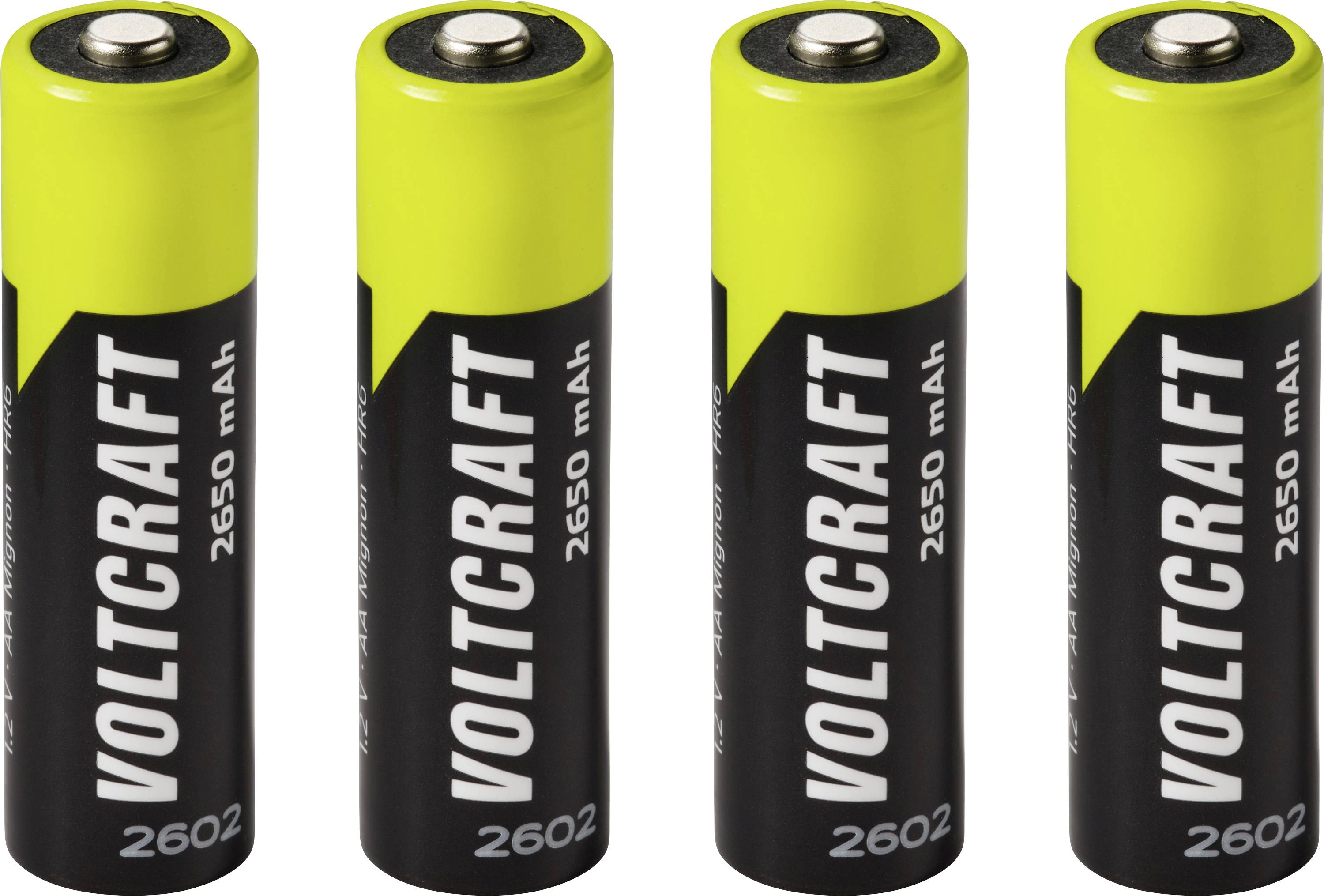 Vier geel-zwarte Voltcraft 2602 AA oplaadbare batterijen die rechtop in een rij staan.