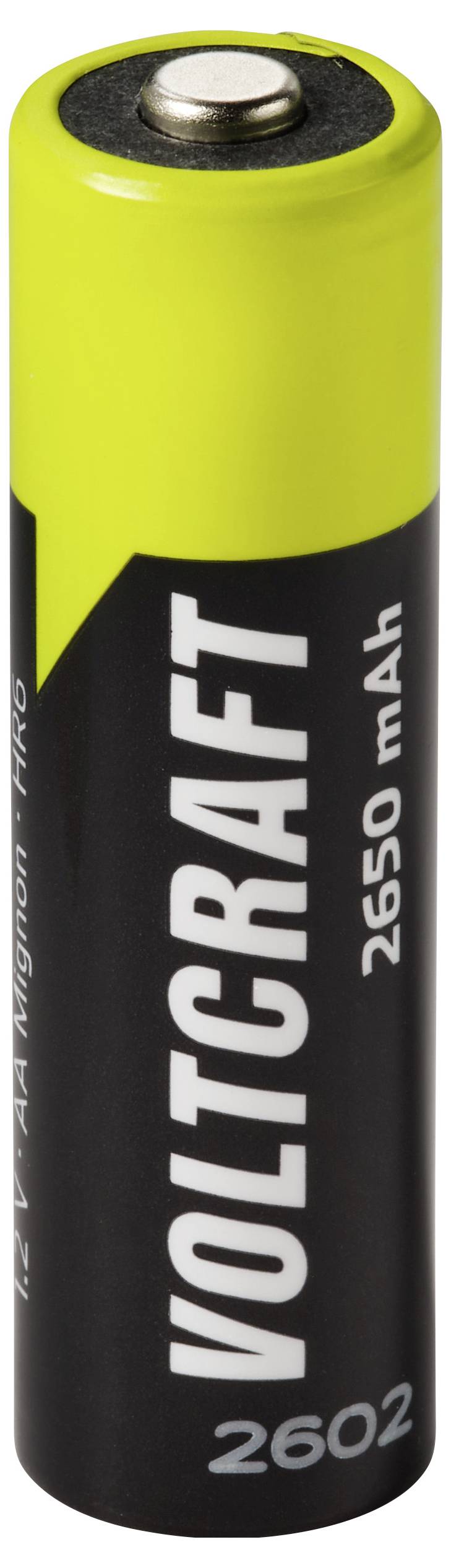 Close-up van een geel-en-zwarte VOLTCRAFT 2602 2650 mAh oplaadbare batterij.