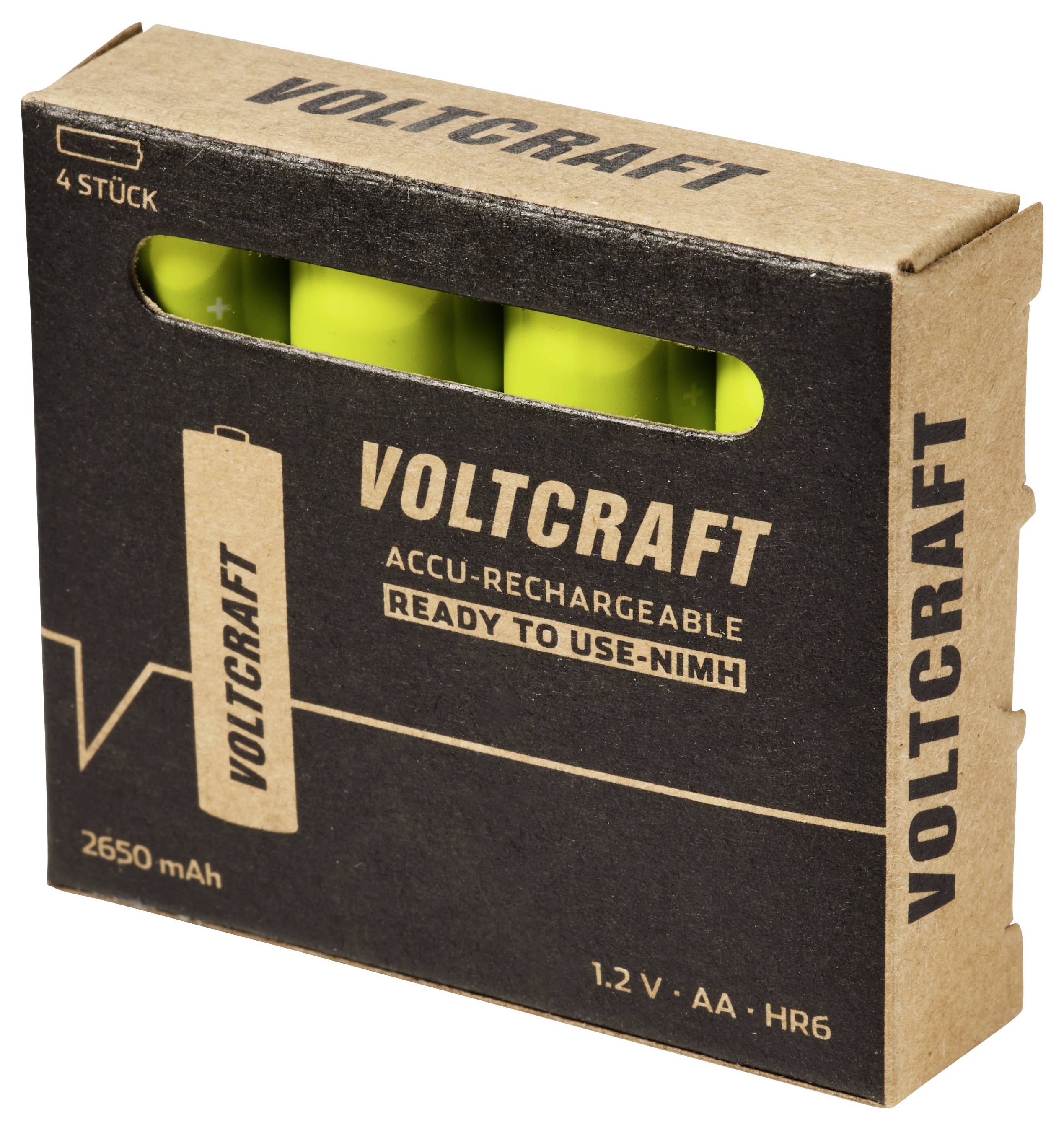 Verpakking voor VOLTCRAFT oplaadbare AA batterijen, 4 stuks, 2650 mAh, 1,2 V NiMH direct klaar voor gebruik.
