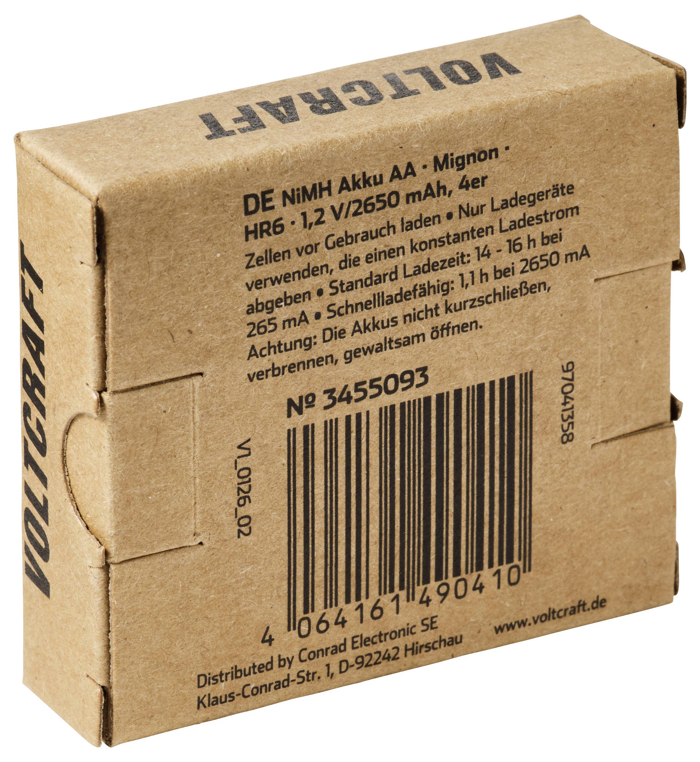 Een bruine kartonnen doos voor Varta DE NIMH AA oplaadbare batterijen, met producttext en een streepjescode op de voorkant gedrukt.