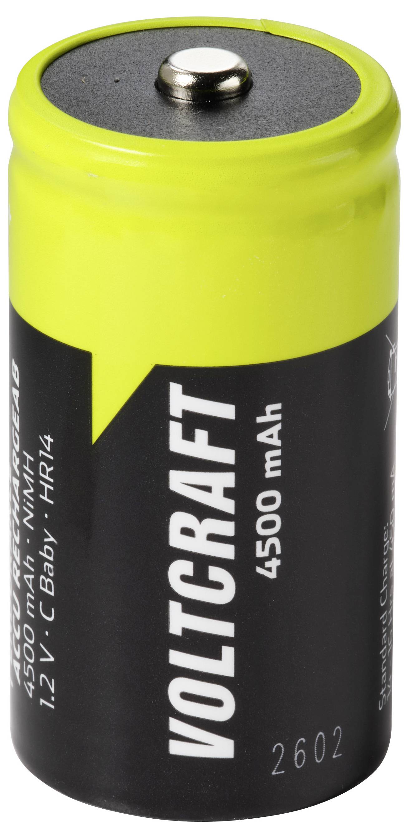 Geel en zwart oplaadbare batterieel van Voltcraft met een label van 4500 mAh en een metalen aansluitpunt aan de bovenkant.