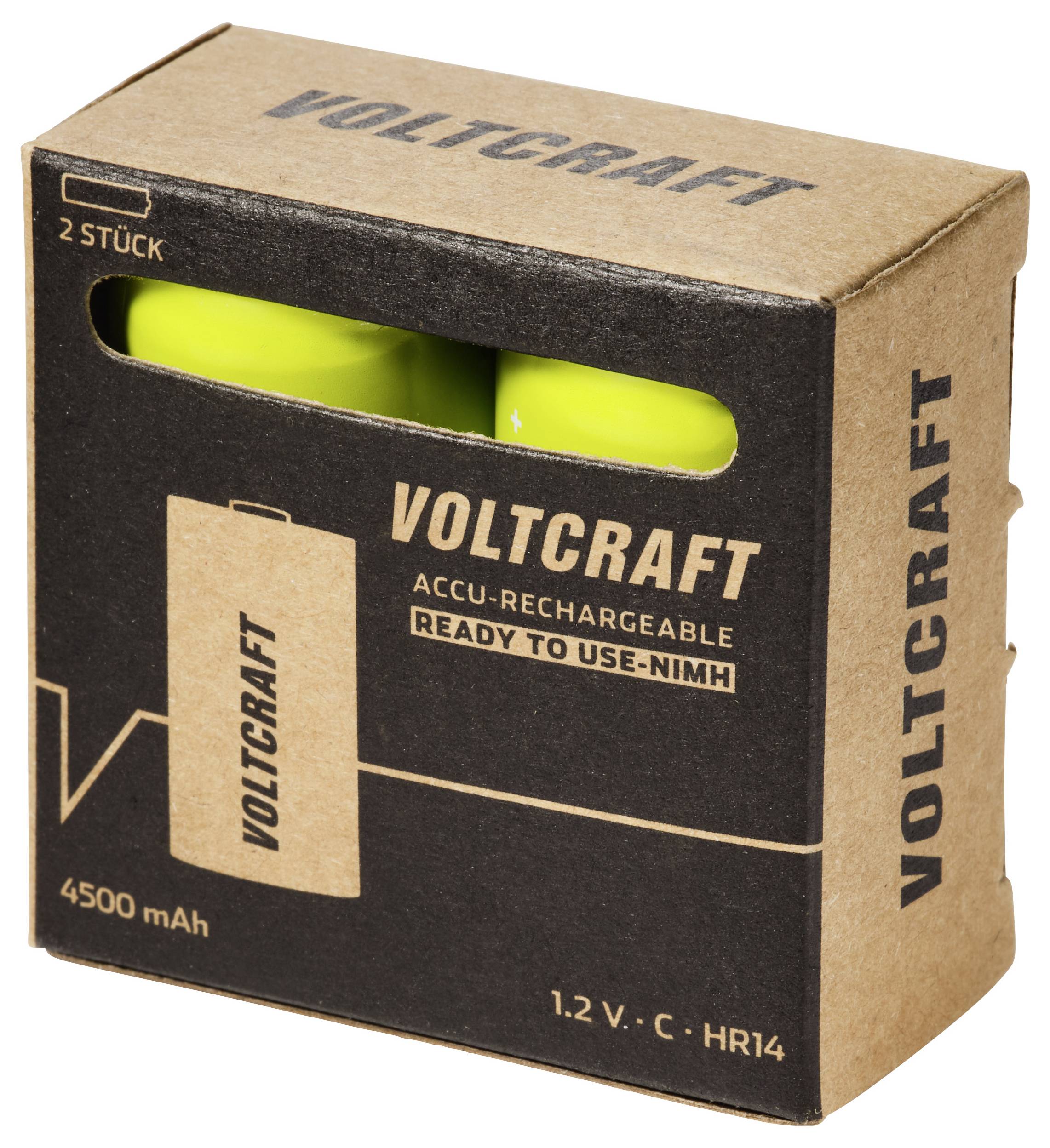Voltcraft kartonnen batterijverpakking met venster met twee groene oplaadbare C-batterijen; gelabeld '2 STUK', 4500 mAh, 1,2 V, HR14.