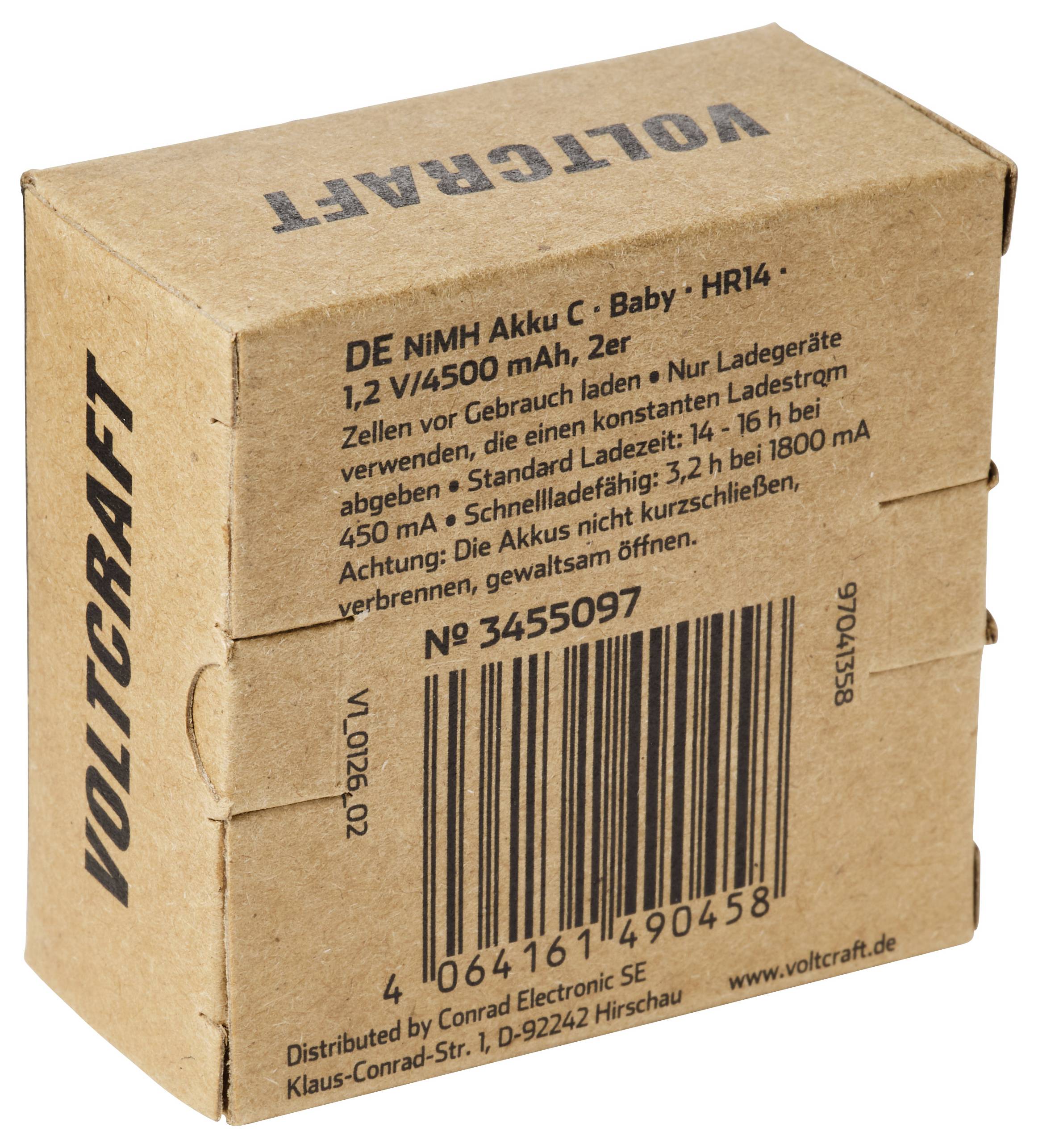 Kartonnen VOLTCRAFT batterijpakket gelabeld 'DE NIMH Akku C - Baby - HR14' met barcode en productgegevens.