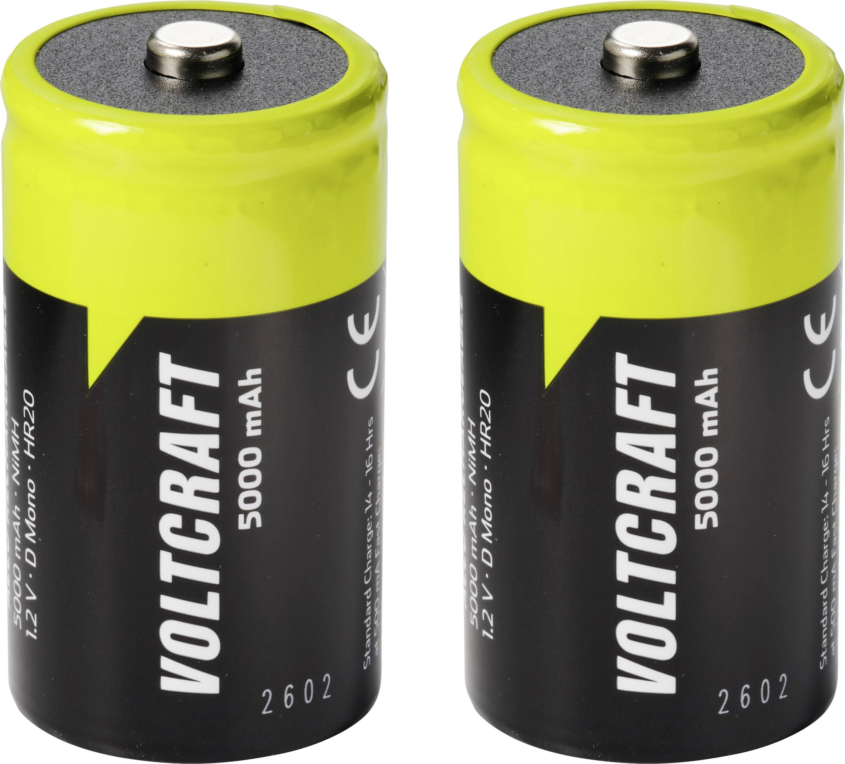 Twee Voltcraft 1.2V D Mono oplaadbare batterijen naast elkaar op een witte achtergrond.