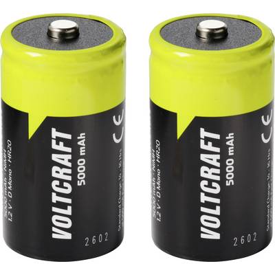 Twee Voltcraft 1.2V D Mono oplaadbare batterijen naast elkaar op een witte achtergrond.