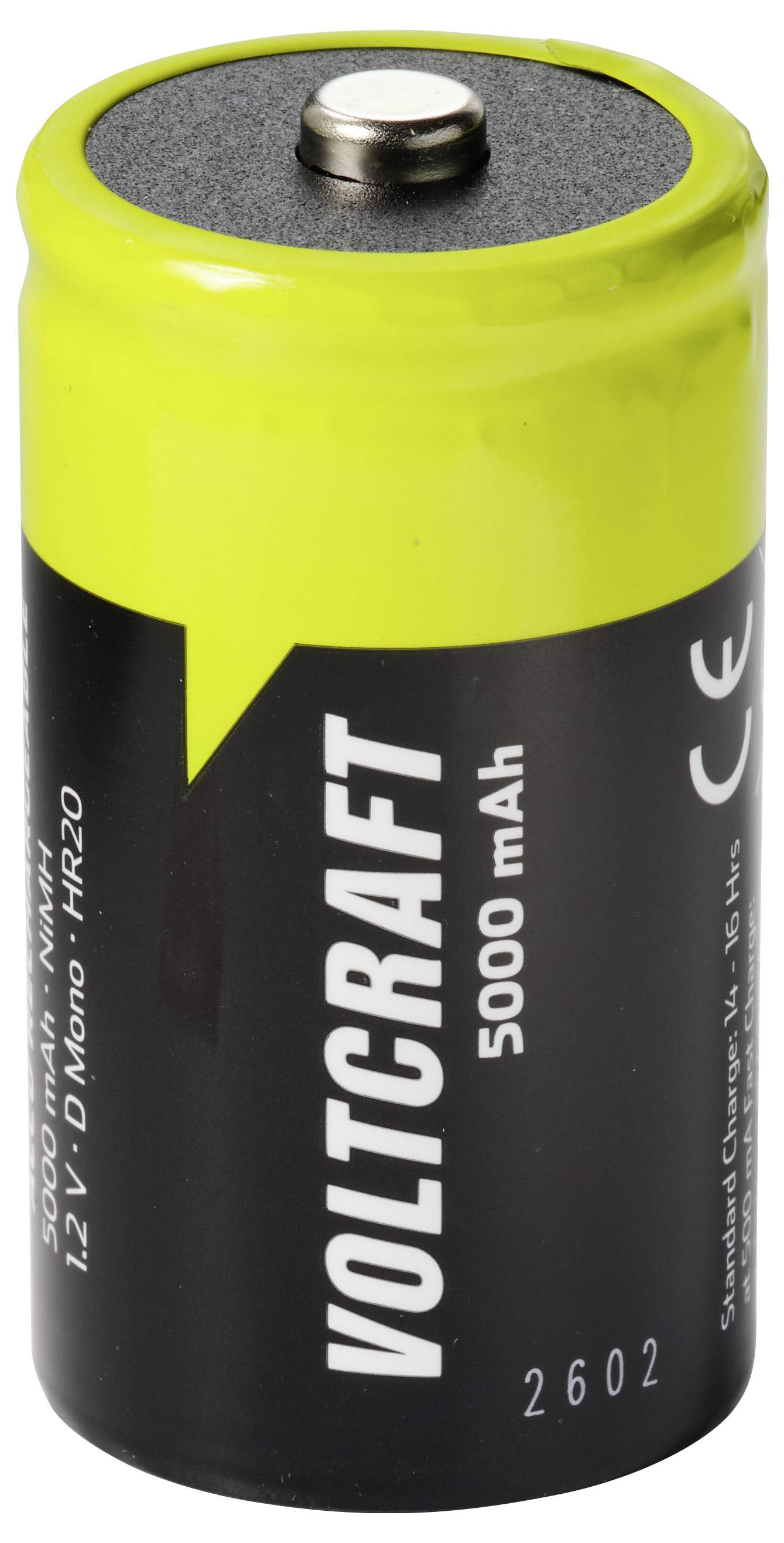 Close-up van een geel-zwarte VOLTCRAFT 5000 mAh oplaadbare batterijcel met een metalen aansluiting bovenop.