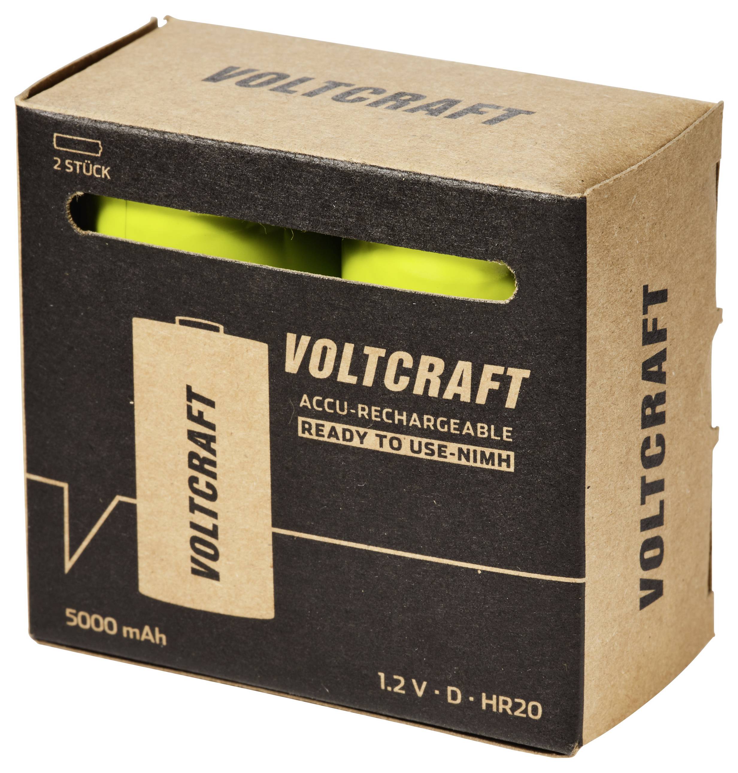 Pakket met twee oplaadbare Voltcraft D-batterijen, 5000 mAh, 1,2 V NiMH, weergegeven in retailverpakking met zichtbare gele cellen door het raam.