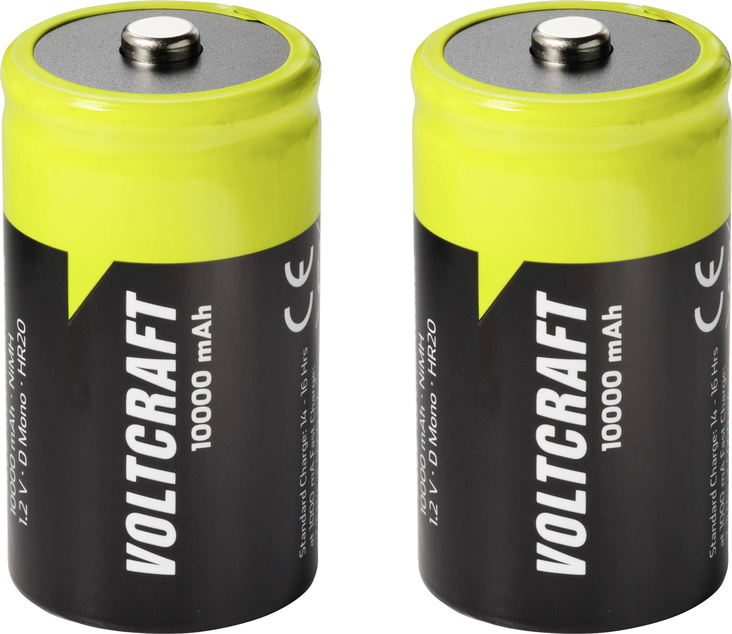 Twee Voltcraft-batterijen naast elkaar, gelabeld '10000 mAh' en '1,2V D Mono NiMH' met gele toppen en zwarte behuizingen.