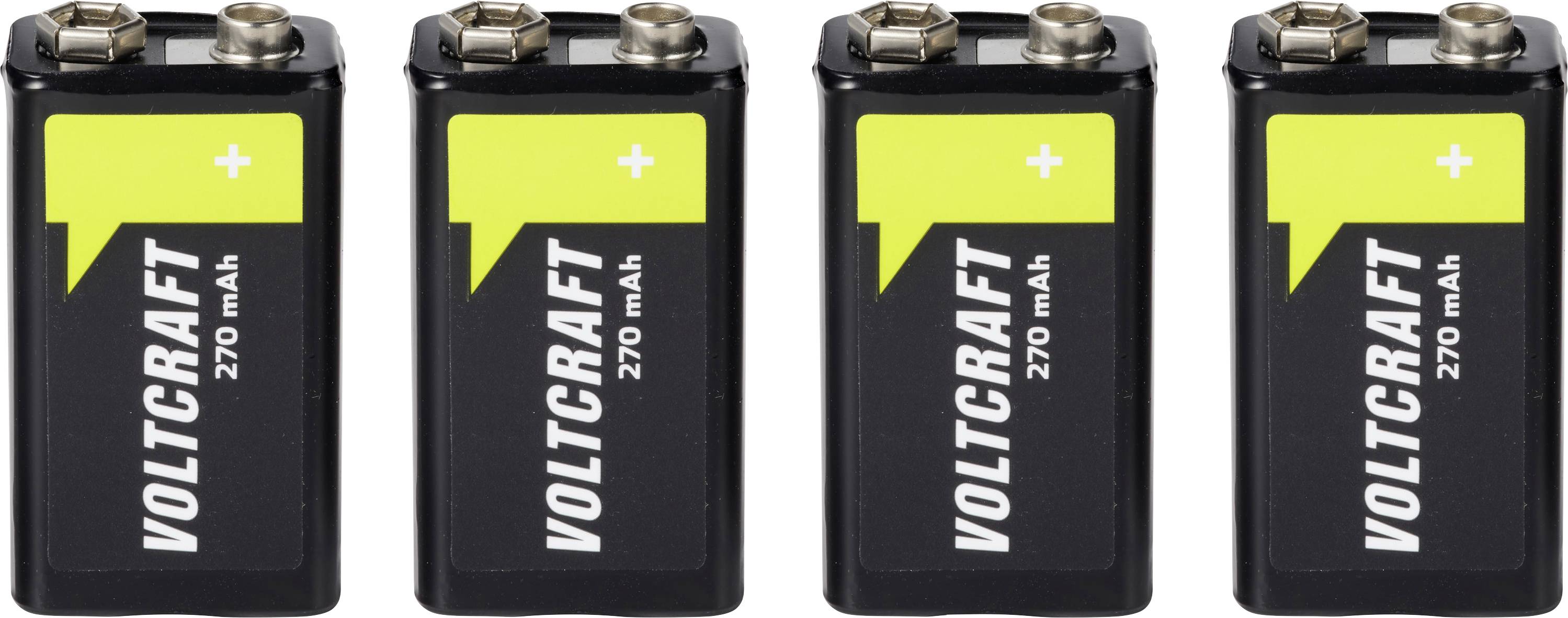 Vier Volticraft 9V-batterijen naast elkaar weergegeven, zwart met gele doppen en 'VOLTICRAFT 270 mAh'-etiket.