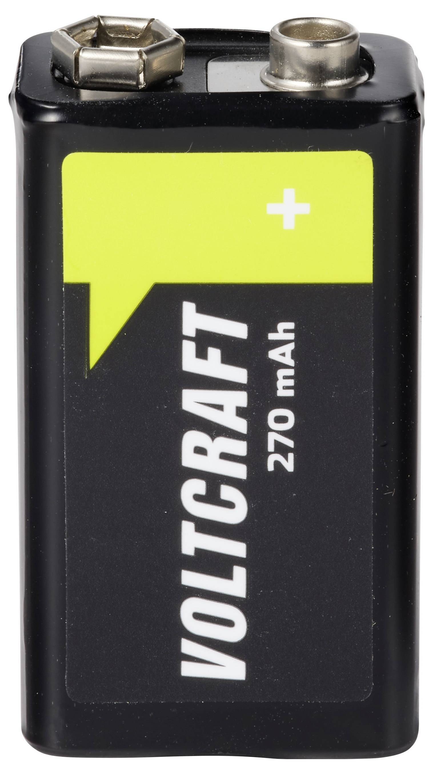 Zwarte 9-volt Voltcraft batterij met zichtbare positieve en negatieve polen, gelabeld 'VOLTCRAFT 270 mAh'.
