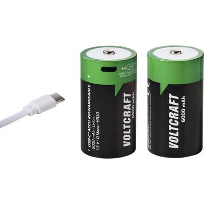 USB-C-kabel naast twee oplaadbare VOLTCRAFT D-formaat batterijen met een label van 6000 mAh